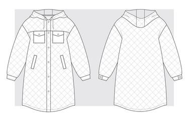 Sticker - Quilted long coat with hood technical scketch. Vector illustration.