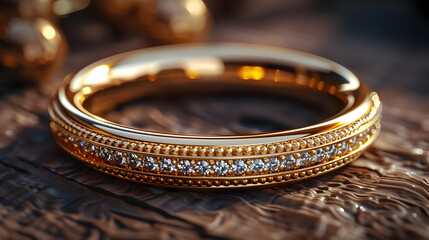 Closeup of a Golden Ring with Diamonds on a Brown Surface - 3D Illustration