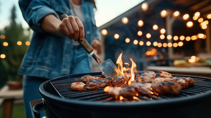 Wall Mural - Close-up of person grilling meat on a barbecue with a spatula outdoors during a festive evening with string lights in the background.