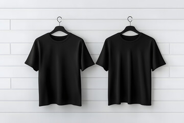 An image of two white walls with a black blank t-shirt hanging on them, ready for your design to be placed on them.