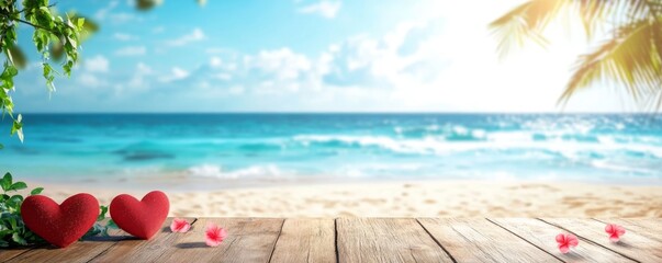 two red hearts on a wooden table by the beach, surrounded by tropical greenery and flowers, creating