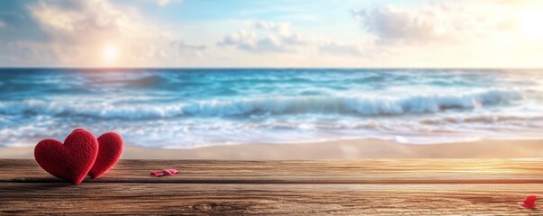 Wall Mural - two red hearts resting on a wooden surface with a serene ocean and sky in the background, evoking a 