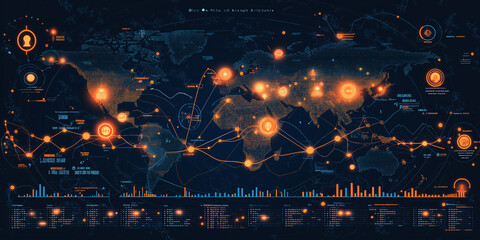 A computer screen with a map of the world and many dots on it