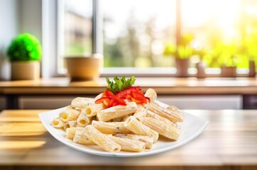 Wall Mural - Tasty fresh macaroni pasta with sauce and basil leaves