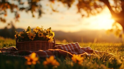 A serene sunset picnic scene featuring a basket filled with vibrant flowers, cozy blankets, and a tranquil outdoor setting, symbolizing relaxation, nature, warmth, companionship, and joy.