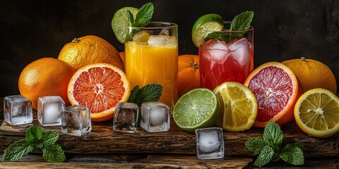 Bright oranges, lemons, limes, and grapefruits sliced open and arranged on a rustic wooden surface. Include mint leaves, ice cubes, and a glass of fresh juice for added f