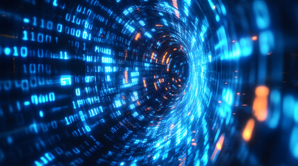 Wall Mural - blue binary data worm hole background and glow neon binary code tunnel.