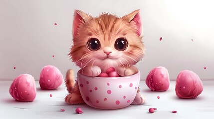 A cute, cartoon kitten sitting in a pink polka dot cup surrounded by pink hearts.