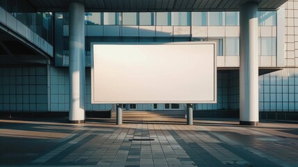 Large blank billboard in modern urban setting under soft sunlight.