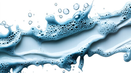 Abstract close-up of blue liquid bubbles and splashes creating an artistic pattern on a white background.