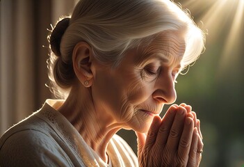 Elderly Woman in Prayer with Soft Light