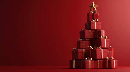 Christmas tree made of gift boxes on red background, 3d render, a pile of presents with gold bows and bows on top of each other, with a red background, AI Generated