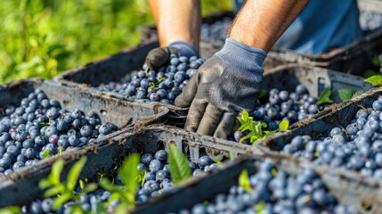 Farmer's Hand holding a crate of blueberry fruit