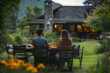 Wall Mural - Couple Enjoying Outdoor Meal in Front of Rustic Home