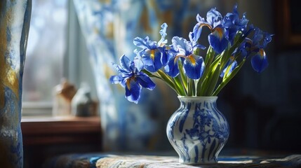 Poster - Blue Irises in a Porcelain Vase