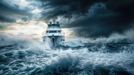 Wall Mural - Yacht in the ocean in a storm, cloudy sky. 