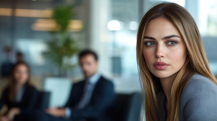 Businesswoman talking with female colleague with businessmen sitting in background