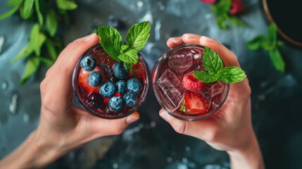 Hand hold summer drink with blueberry fruit