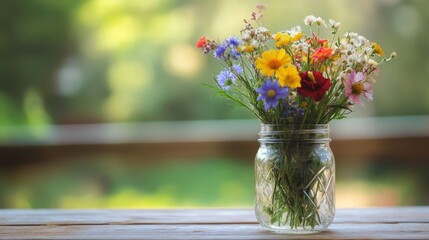 Wall Mural - Colorful Wildflowers in a Glass Jar on a Wooden Table