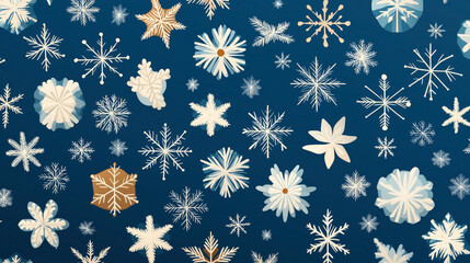 Pattern of various snowflakes in white and light colors on a dark blue background, creating a winter or festive theme.