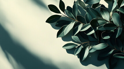 Poster - Close-up of green leaves casting shadows on a light background, creating a minimalist and natural composition.