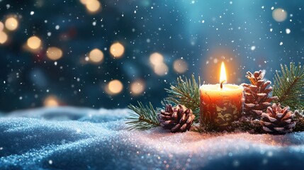 Wall Mural - christmas decoration idyll in deep snow on blurred blue background, beautiful natural christmas back