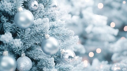 Wall Mural - close-up photography of christmas tree with balls, winter celebration background in white and blue t