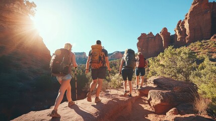 Canvas Print - Friends hiking on rock formations during sunny day