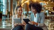 © Aliaksandr Siamko - Happy businesswomen using tablet computer at hotel lobby