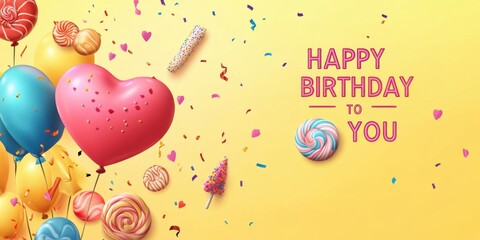 Wall Mural - Happy Birthday banner with colorful balloons, candies, and confetti on a yellow background with 