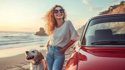 Happy woman with dog standing by car at beach