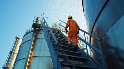 Low angle view of worker moving up steps of storage tank at oil refinery