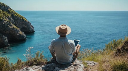 Man on tablet on sea overlook