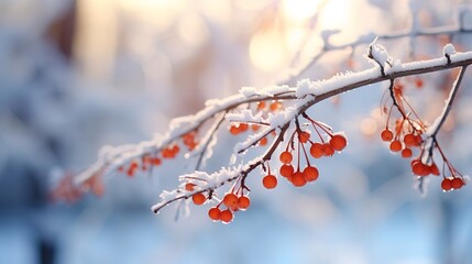 Wall Mural - A snowy branch of a tree with red berries in a winter forest