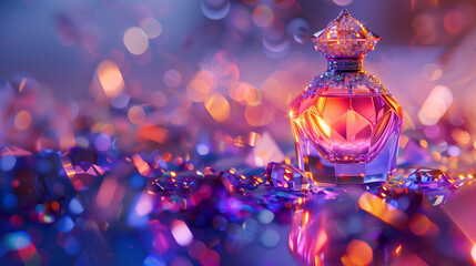 A close-up shot of a modern perfume bottle with a vibrant gradient of purple and orange hues, set on a surface with scattered crystals and stones