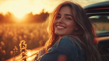 Poster - Smiling woman sitting with boyfriend against car during sunset