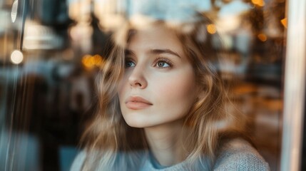 Poster - Thoughtful woman looking through window while sitting at cafe