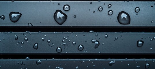 Water droplets accumulate on a sleek black surface, showcasing intricate patterns formed by recent rainfall