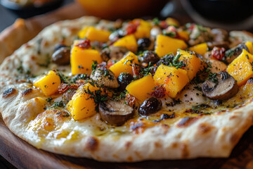 A plate of whipped ricotta with fresh roasted peaches and pitta slices served with a balsamic drizzle and herbs.
