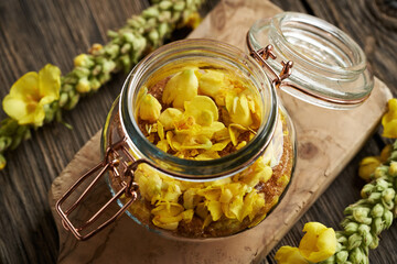 Canvas Print - Preparation of homemade herbal syrup from fresh mullein or Verbascum flowers and cane sugar