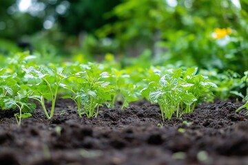 A natural scene of young green plants thriving in fertile soil taken in a lush garden, representing growth and vitality.