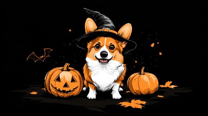 Halloween Corgi. Evil Ghost Dog in Witch Hat with Jack-o-Lantern Pumpkin