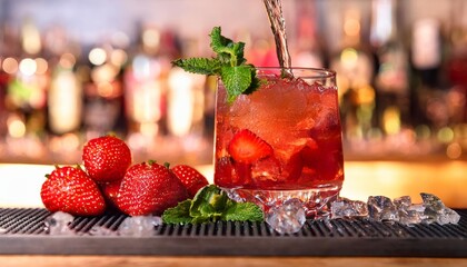 Wall Mural - a vibrant cocktail is poured over ice garnished with mint next to a tempting mound of fresh strawberries in a lively bar setting