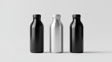 Wall Mural - A 3D rendering of an aluminum bottle in black, grey, and white, isolated on a white background