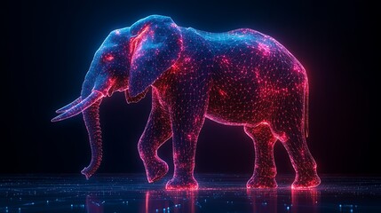 Wall Mural - A glowing, digital, abstract elephant with a pink and blue neon light, standing against a dark background.