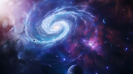 Wall Mural - A colorful spiral of clouds and planets in space. 