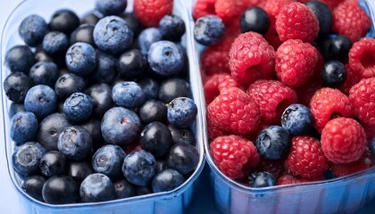 Wall Mural - blueberies raspberries and black berries shot top down