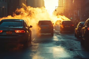 A photograph of cars in traffic with steam coming out from the exhaust pipes