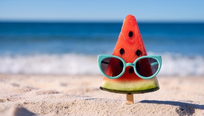 Wall Mural - a watermelon popsicle with polka dot sunglasses stands in the sand with a scenic beach and ocean backdrop