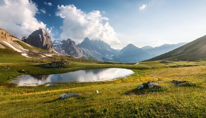 Canvas Print - high mountain meadows majestic mountains and tranquil waters